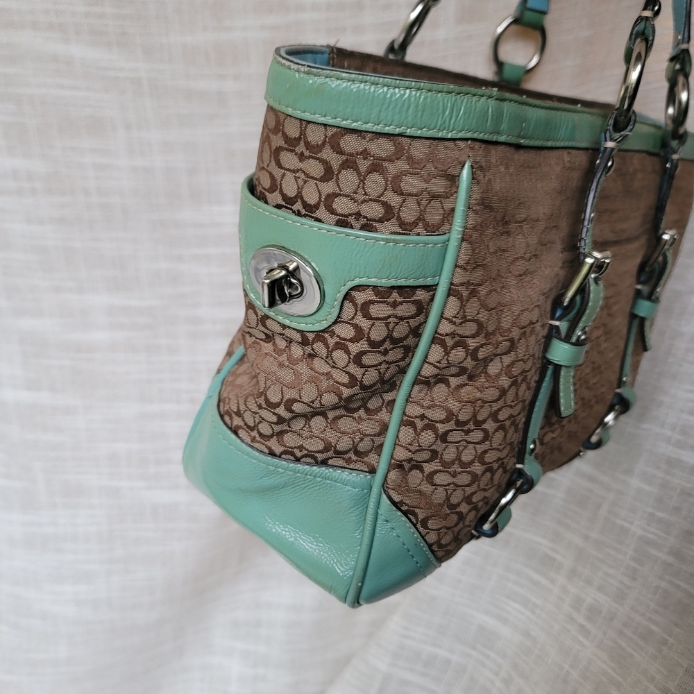 Coach Brown Signature Canvas Tote with Mint Trim and Straps - Picture 7 of 12